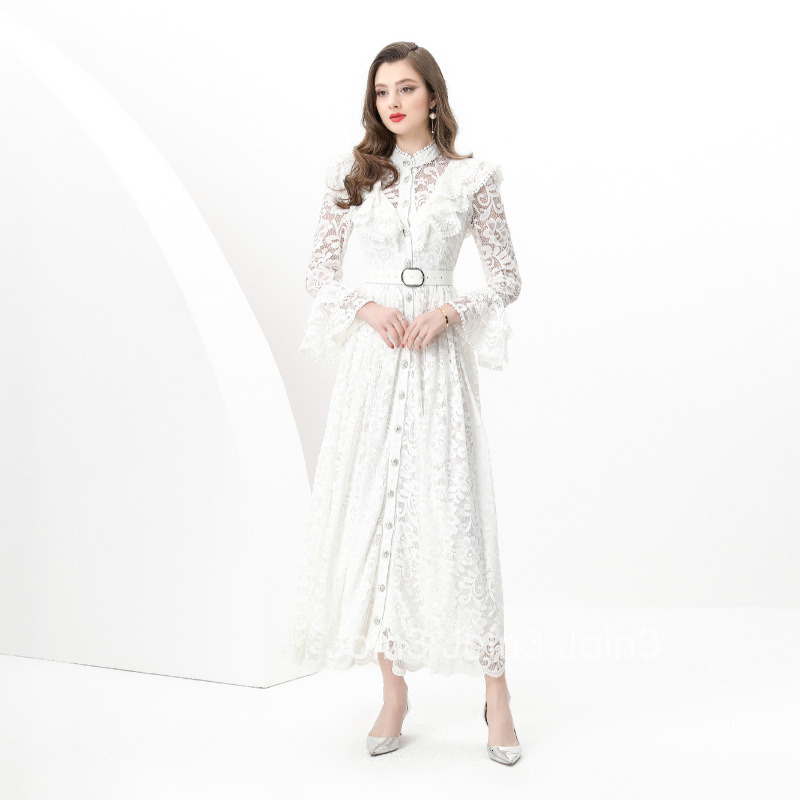 8829 Early Spring New Womens Fashion Elegant Vacation Ruffle Trim Waist Cinch Flared Lace Long Dress