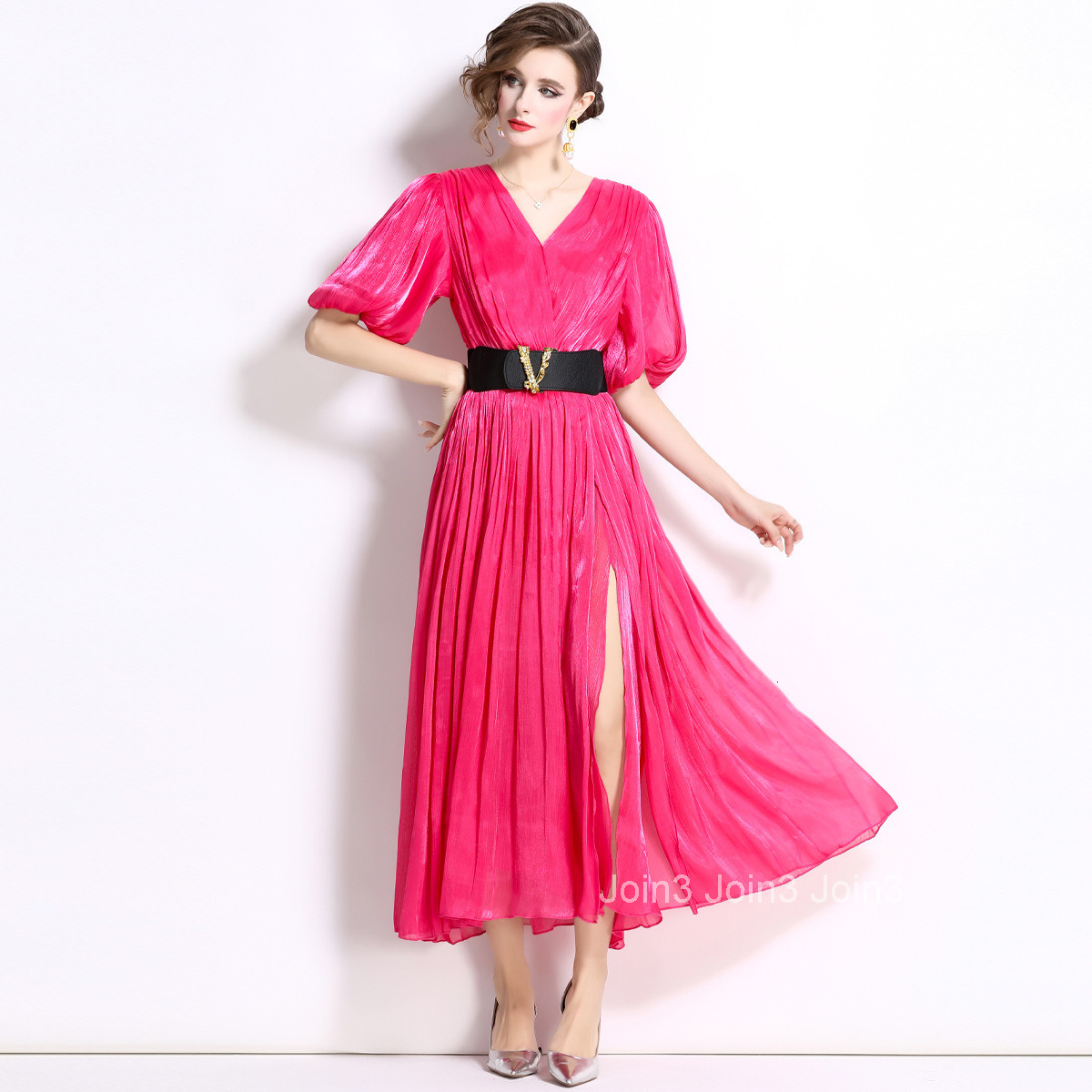 1662 Summer New Womens Fashion Elegant Puff Sleeve Pleated Slim Fit Flared Long Dress