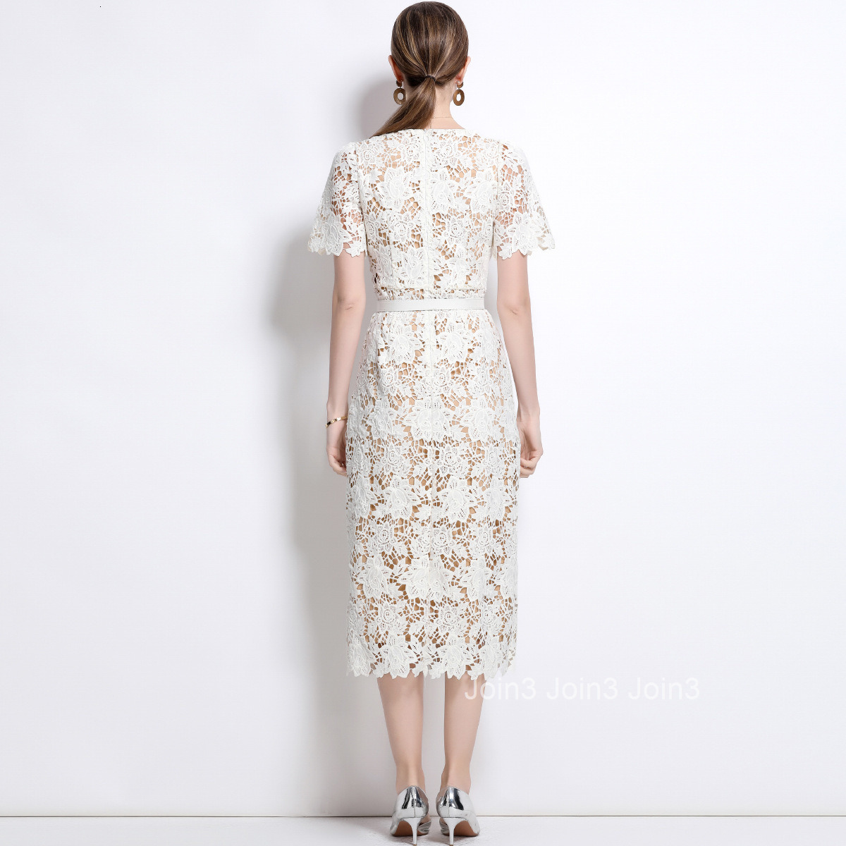 1695 Fairy Dress Three-Dimensional Jacquard Hollow Water-Soluble Lace Waist-Cinching Mid-Length Dress with Belt