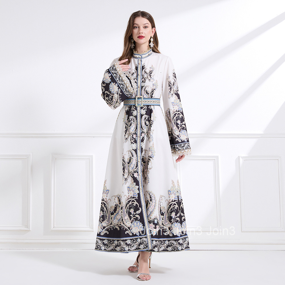 2186 Spring New Womens Clothing Elegance Style Stand Collar Lace Print Waist Cinching Flared Long Dress