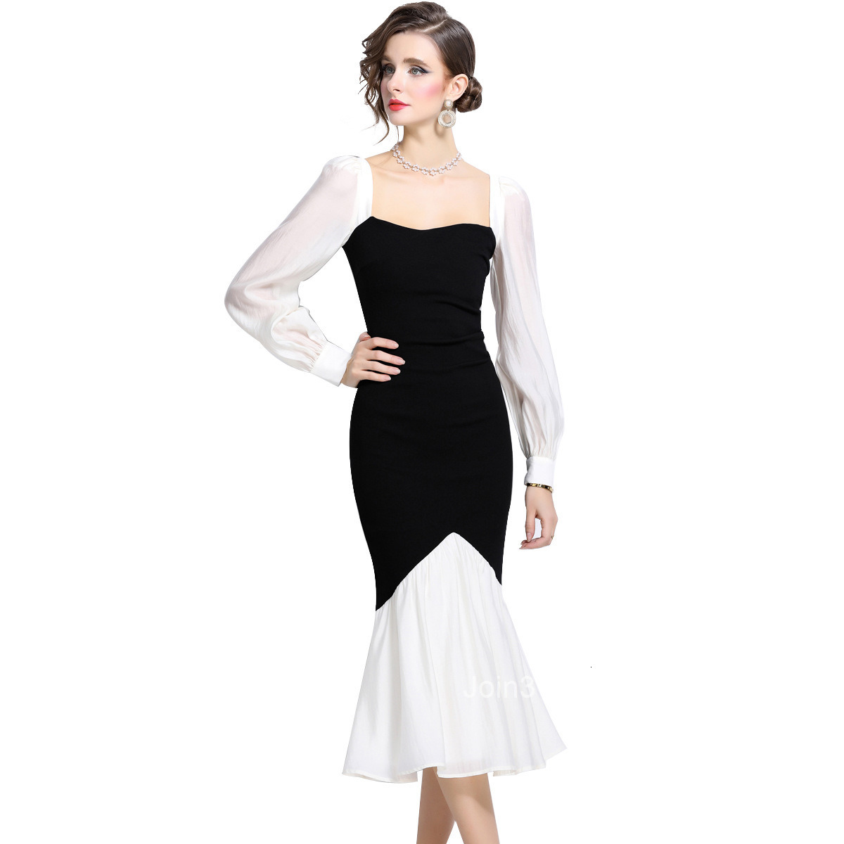 6995 Autumn New Womens Clothing Style Square Collar Contrast Splicing Knitted Dress Slimming Fish Tail Long Dress