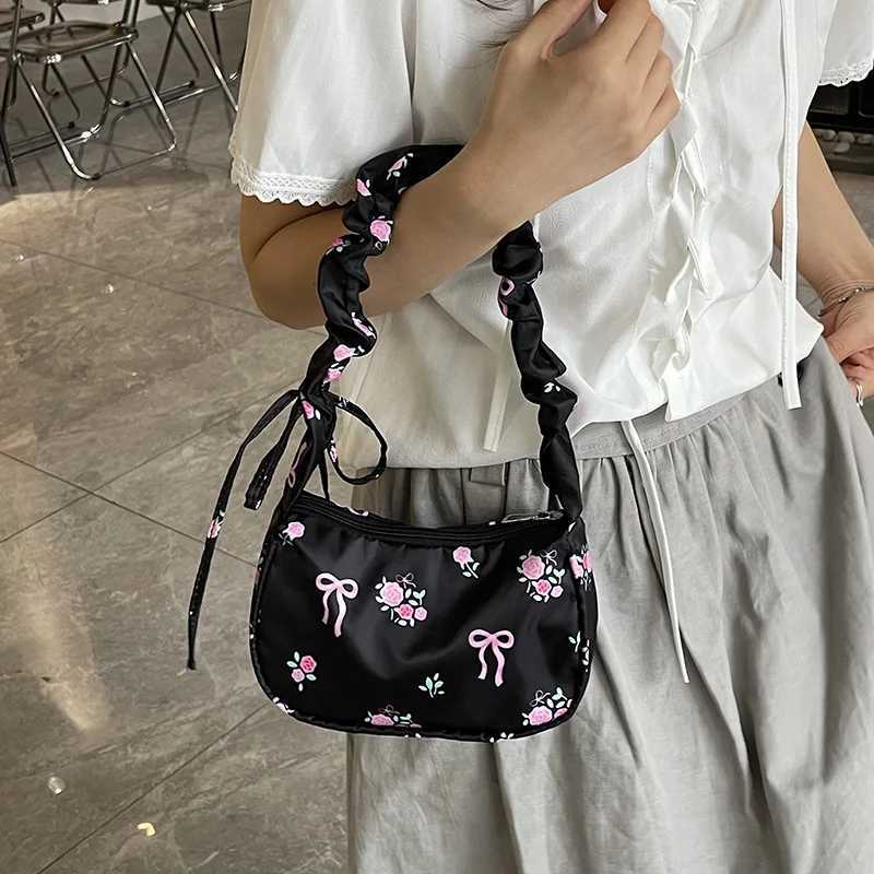 New Drawstring Shoulder Bag Sweet Flower Nylon Armpit Bag Highquality Printed Women Handbag Free Shipping Bags for Women Y250719