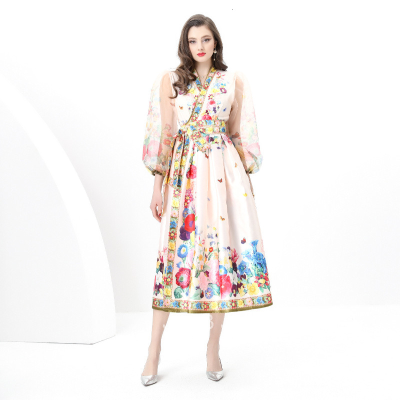 6095 Early Spring New Womens Vacation Wrap Tie V-neck Lantern Sleeve Long Dress Printed Dress