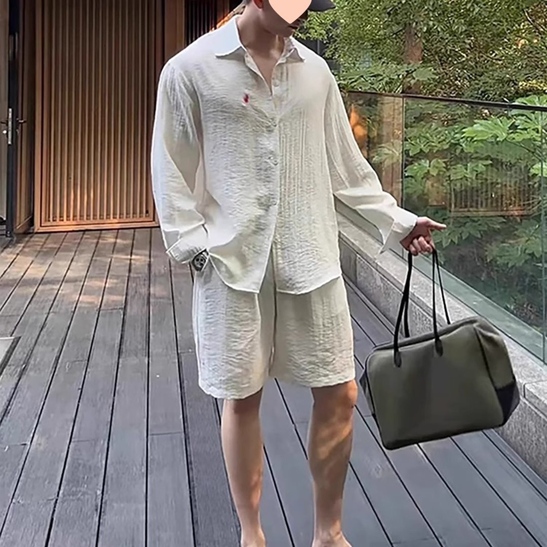 Old Money Style Sun Protection Linen Set for Men Summer Small Horse Logo Embroidered Long Sleeve Loose Lazy Draped Texture Shirt
