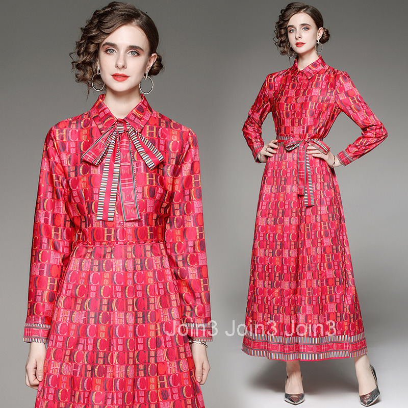 7100 Spring and Autumn New Womens Fashion Waist slimming Printed Long Skirt Dress