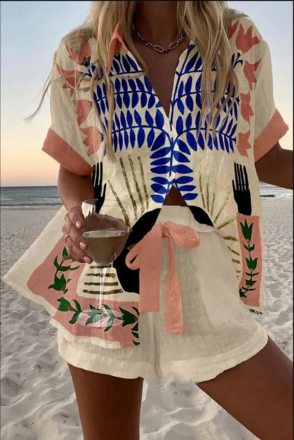 Summer Print Beach Holiday Set For Women Fashion Short Sleeve Buttoned Shirt Wide Legs Shorts Oversized Two Piece Set 250714