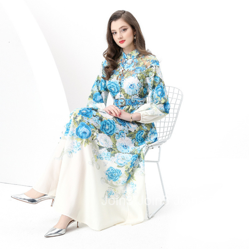 8852 Early Spring New Womens Vacation Style Stand Collar Lace Patchwork Printed Flared Long Dress