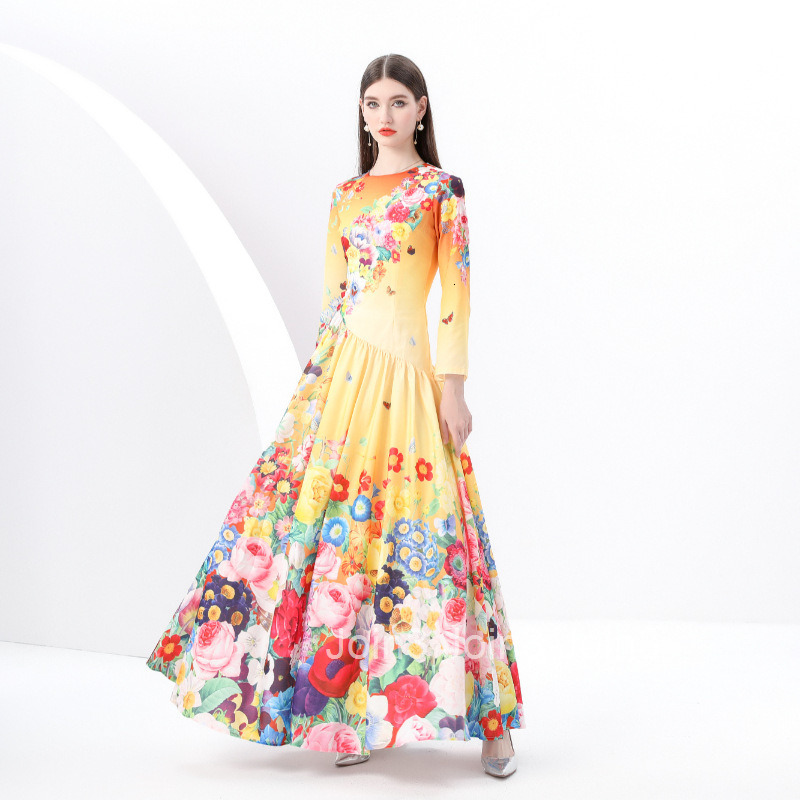 6190 early spring new womens clothing temperament round neck long sleeved painted printed large swing long skirt dress