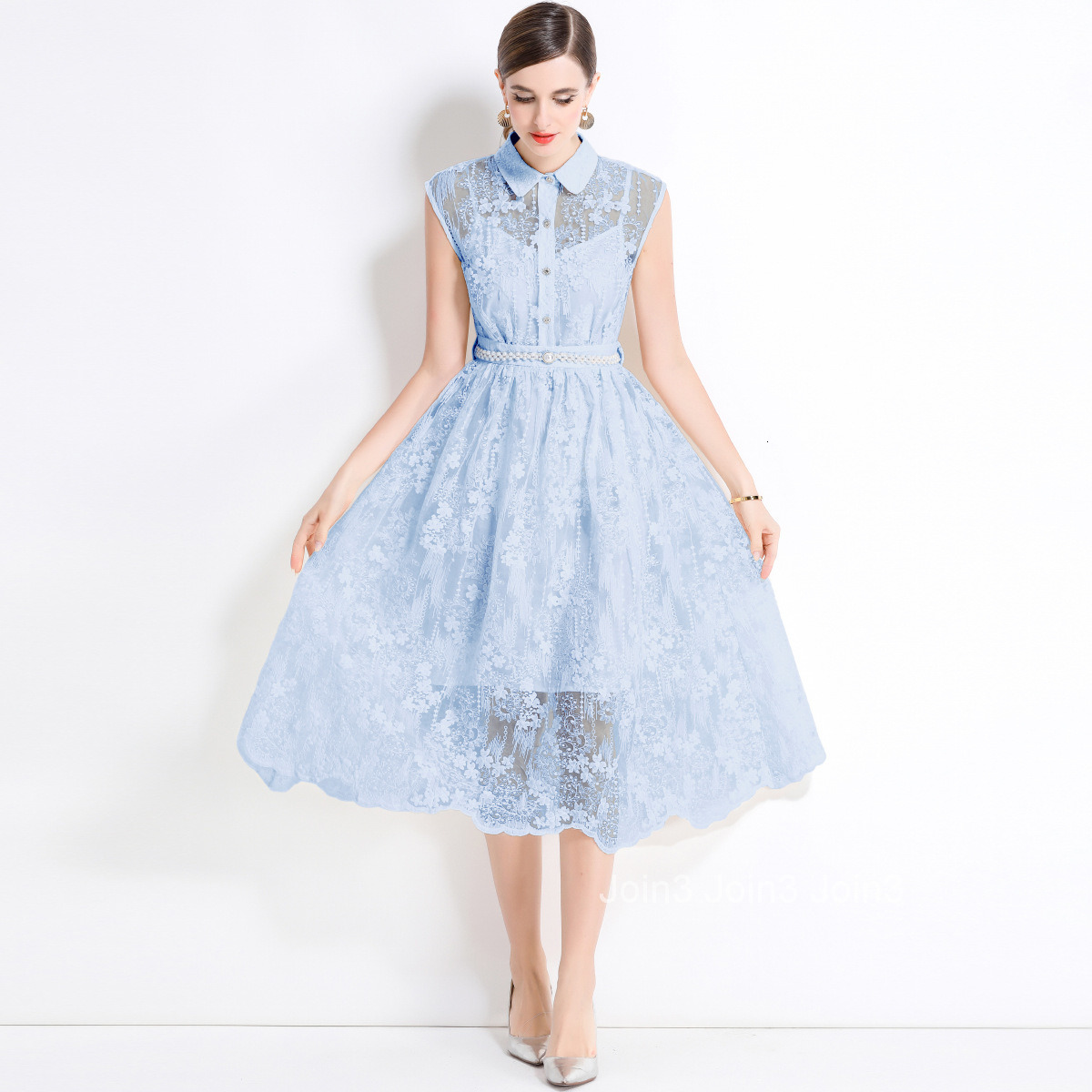 5875 Elegant Mesh Embroidered Long Dress Slim Waist Inner Strap Dress