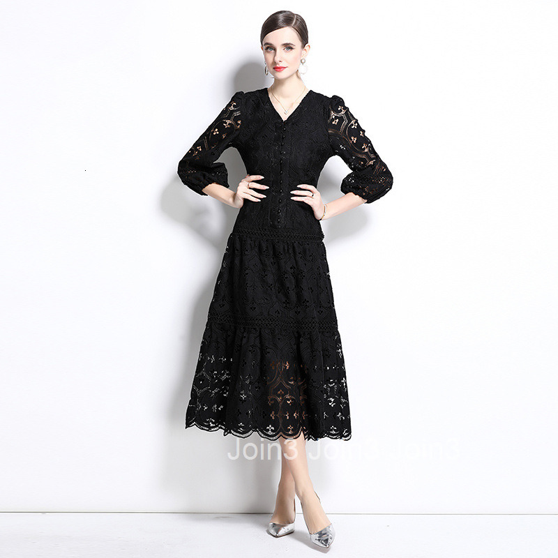 6967 Spring and Autumn New Womens Dress Style Hollow Hook Flower Waist Lantern Sleeve Large Swing Long Dress