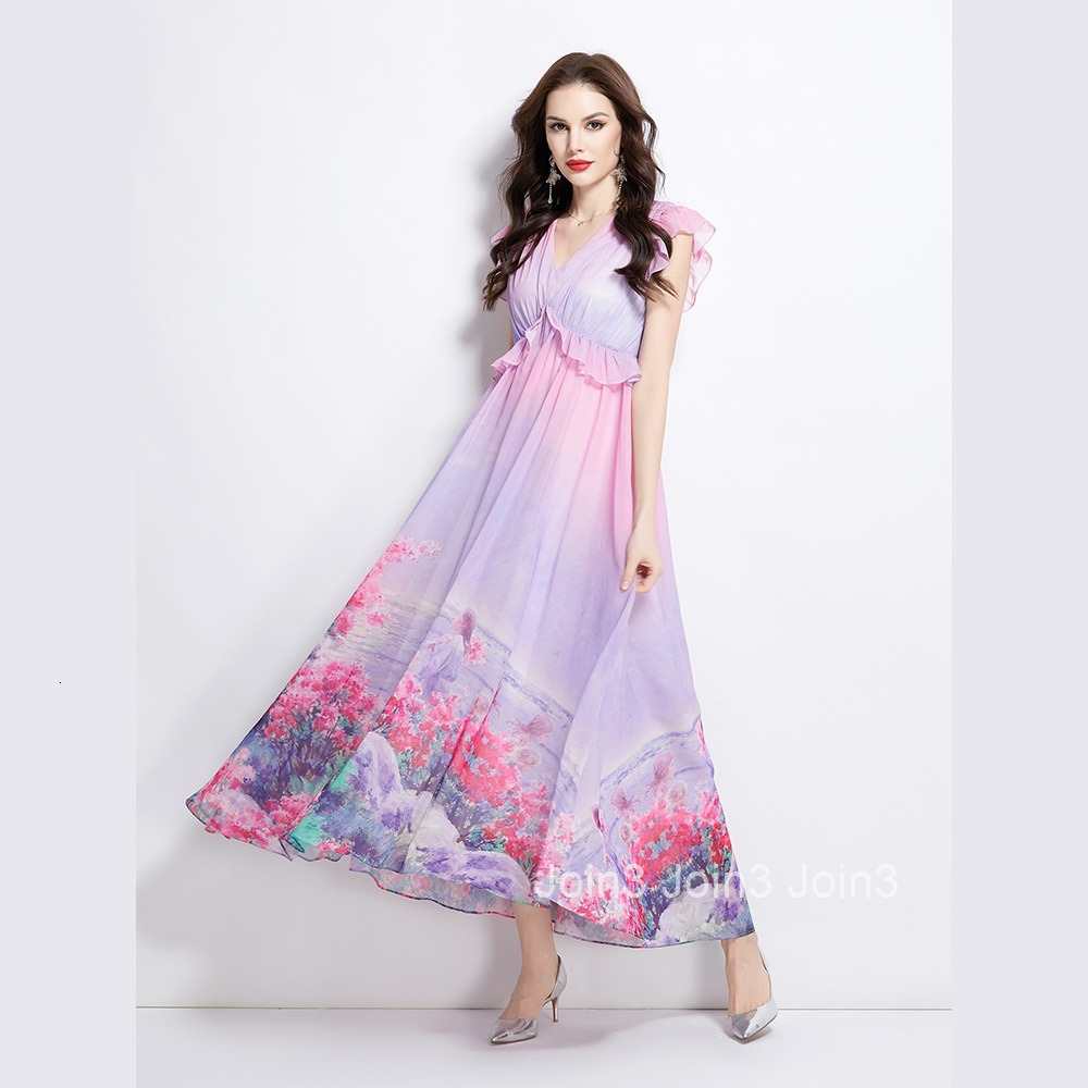 2711 Spring New Floral Small Flutter Sleeve Long Dress