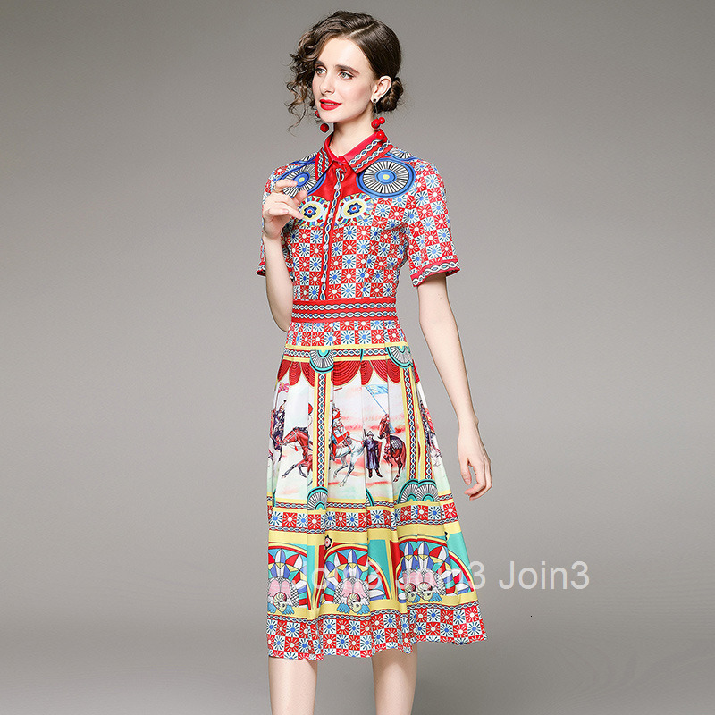 7496 Summer New Womens Style Printed Dress with Collar Short Sleeve Slim fit Waist cinching Medium length Skirt