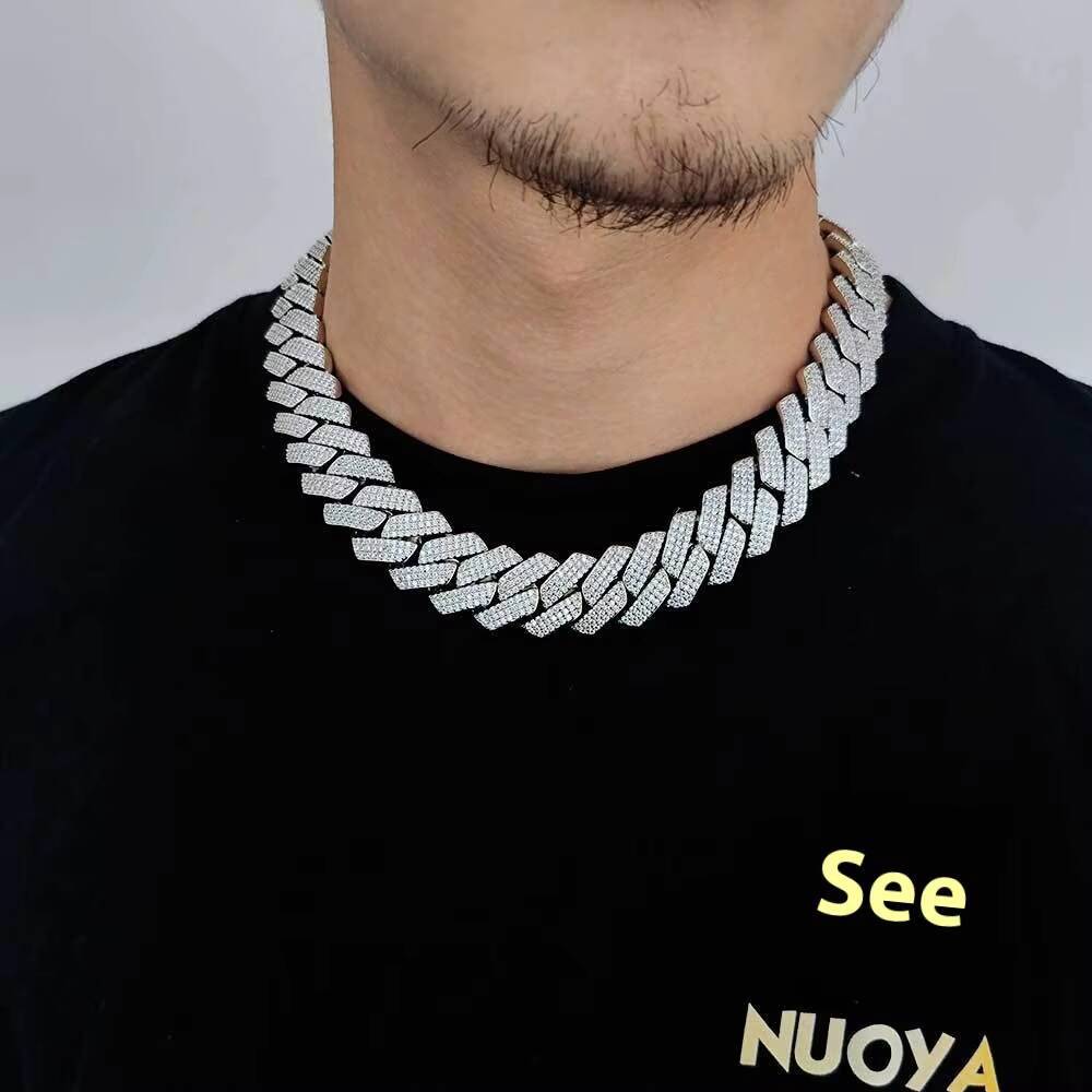 S925 Sterling Silver High Quality 20MM Diamond Cuban Link Chain Three Row VVS Moissanite Hip Hop Cuban Link Chain Necklace