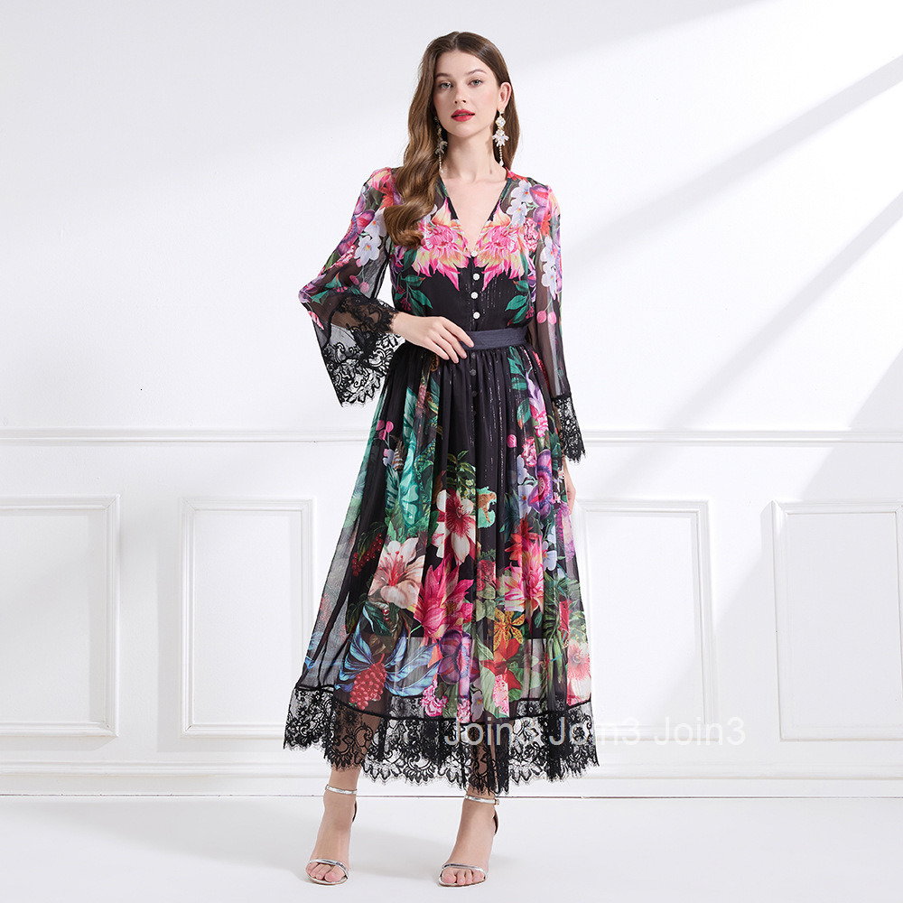 2192 Spring New Womens Vacation Style V-Neck Lace Print Top Waist-Cinching Long Skirt - Three-Piece Set
