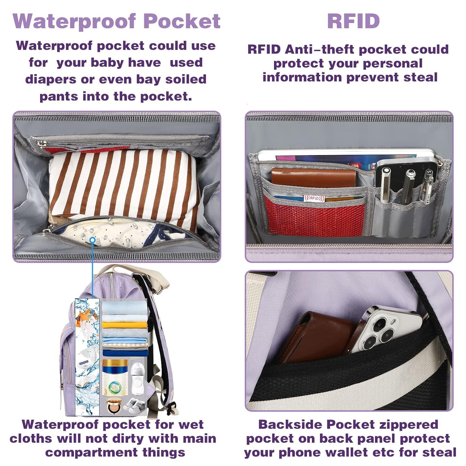 DHYMX Jiefeike Diaper Bag Backpack,Purple Travel Backpack for Dad Mom Boys Girls,Insulated Pockets Portable Baby designer bag Nappy Bags with USB Char