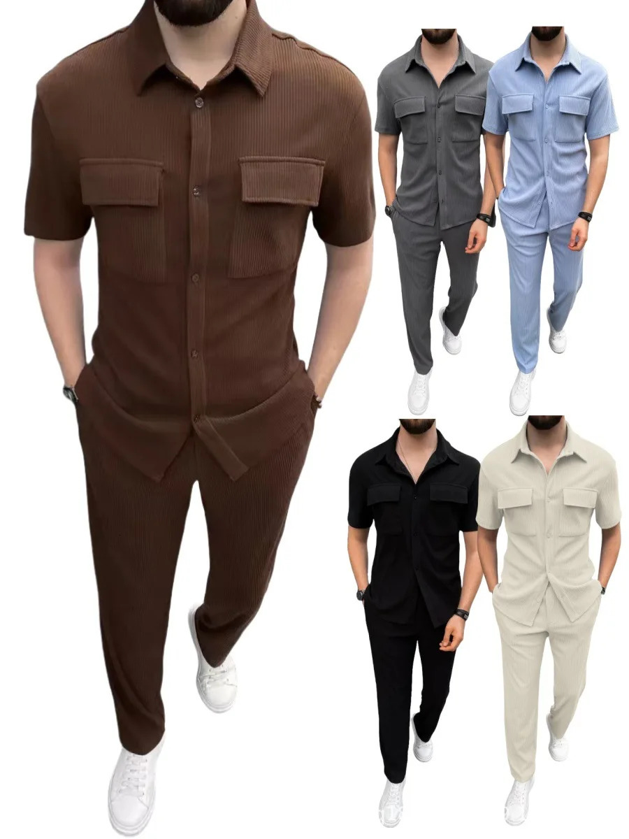 Mens Spring Summer Corduroy Short-Sleeved Shirt And Long Pants Set Casual Lapel Button Pocket Fashionable Two-Piece Outfit 250715