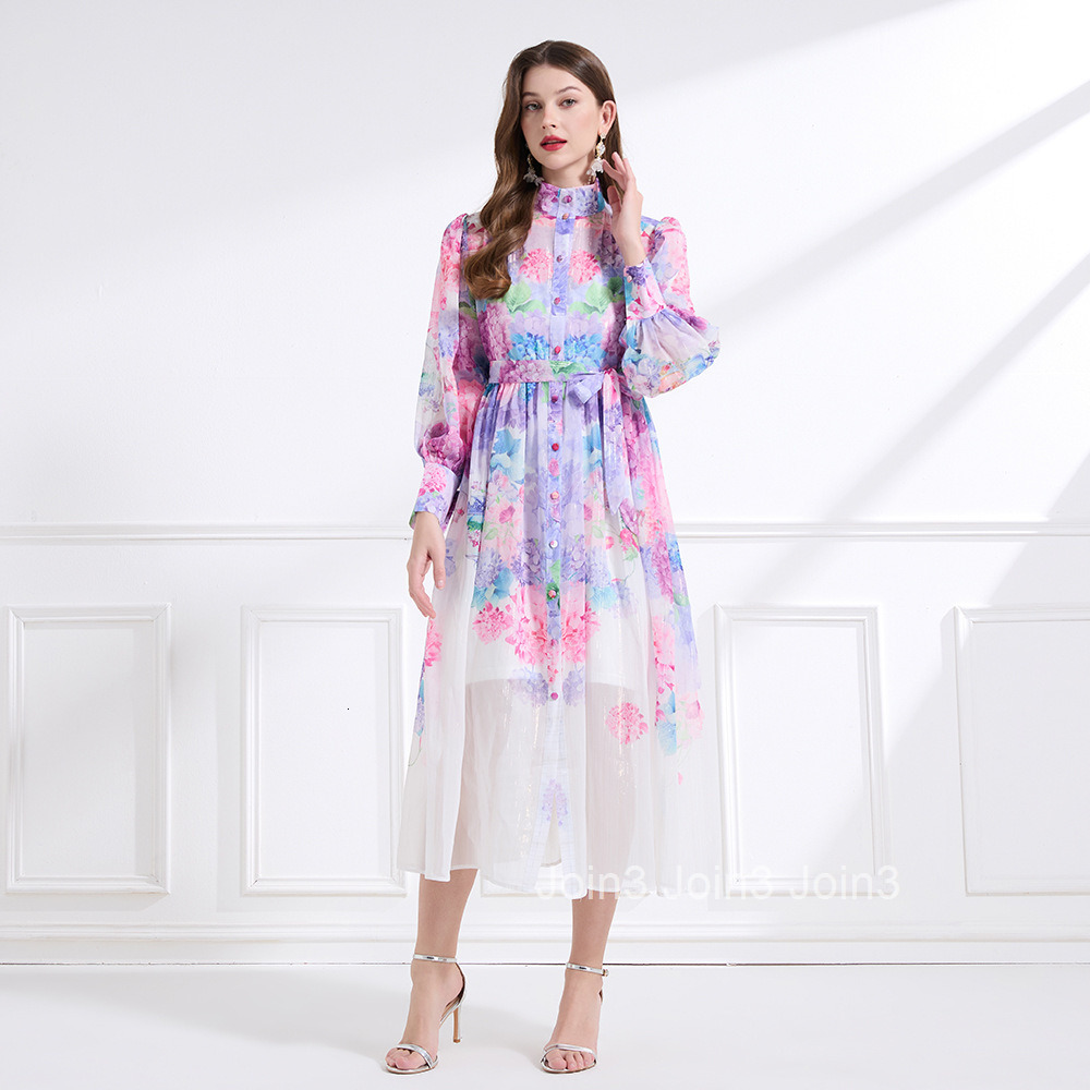 2184 Spring New Womens Clothing Stand Collar Printed Lantern Sleeve Waist Cinching Flared Long Dress Two-Piece Set