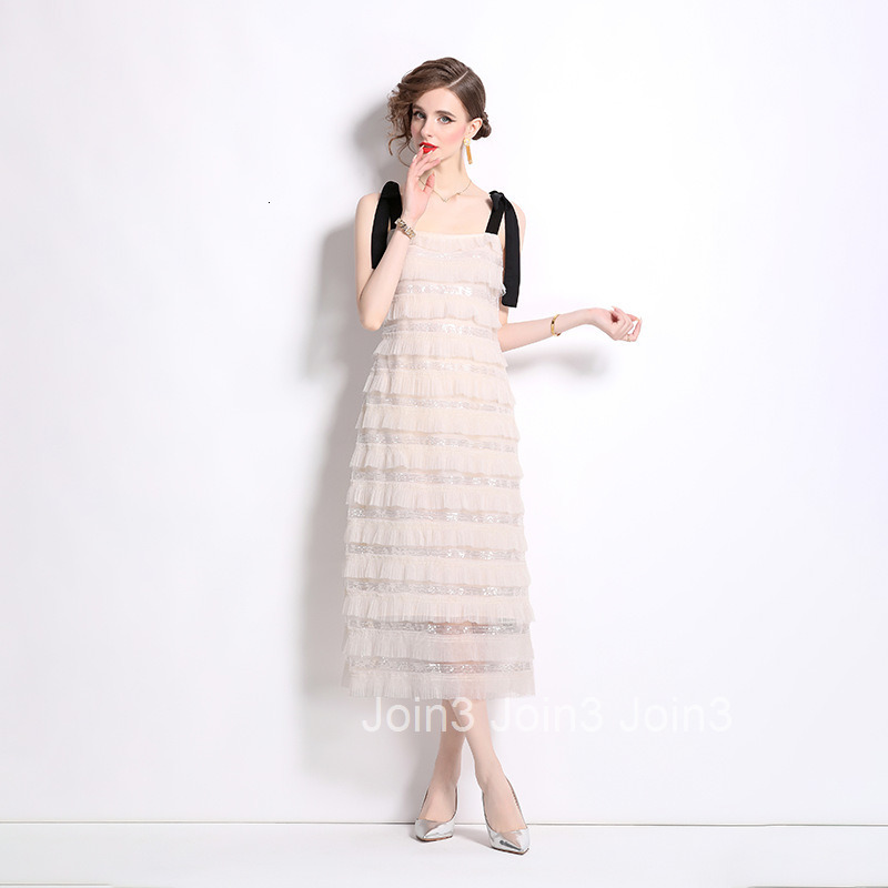 8023 Summer New Womens Fashion Elegant Slim Fit Sequin Tiered Maxi Dress