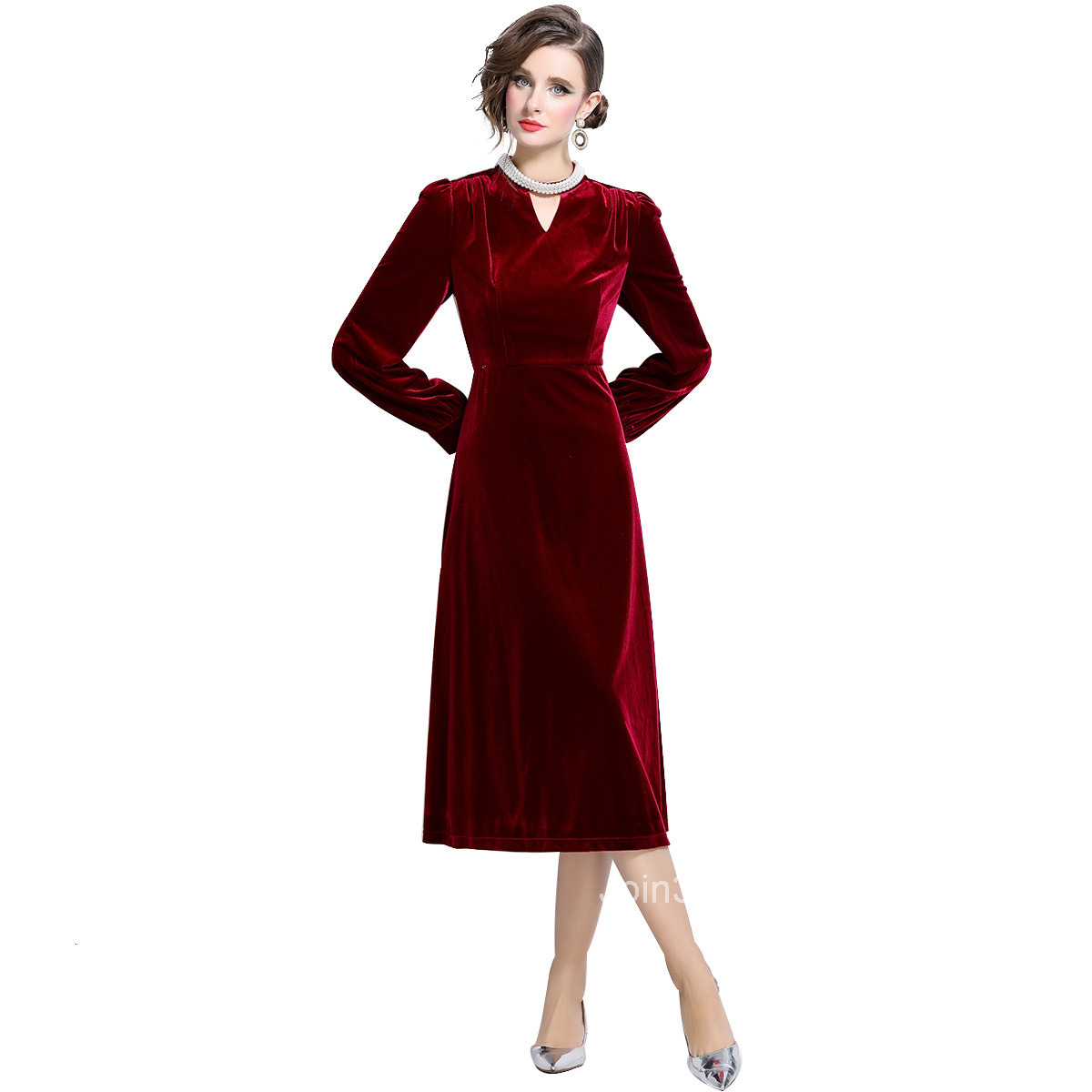 6999 Autumn/Winter New Womens Fashion Style Hanging Neck V-neck Hollow Velvet Long Dress