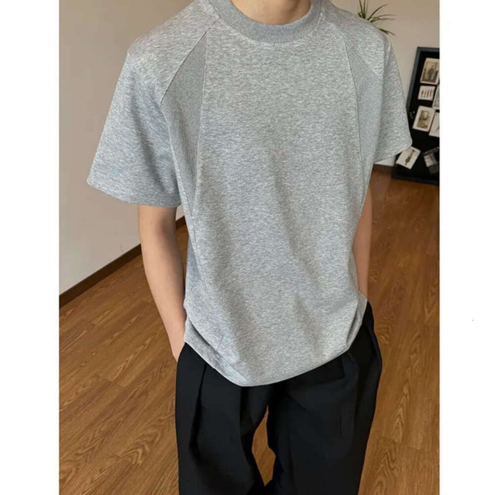 Gray Patchwork T-Shirt for Men, Stylish Small Neckline, Regular Shoulder, Short Sleeve, Casual Loose Fit, Versatile Trendy Half Sleeve