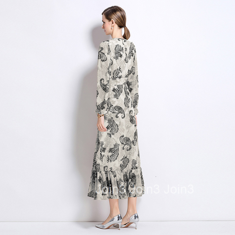 8817 New Style Floral Print Collar Long Sleeve Waist-Cinching Slimming Ruffle Long Dress
