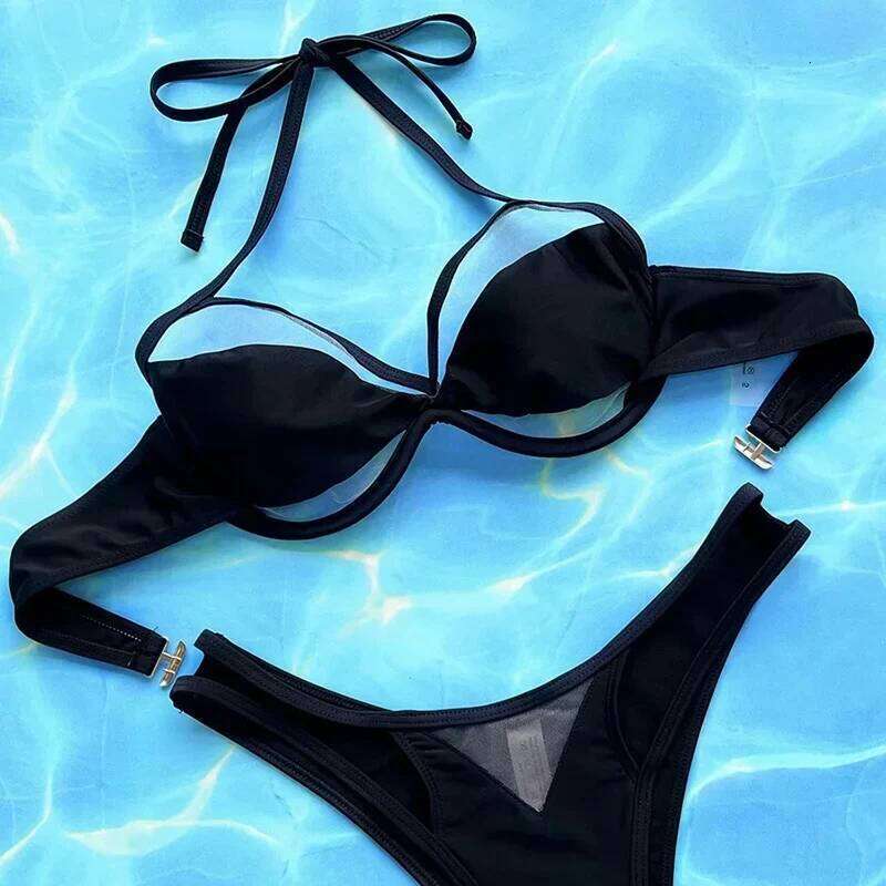 Mesh See Through Set Women Swimwear Bandage High Cut Thong Split Swimsuit 2025 New Bikini Push Up Sexy Two Pieces Sets