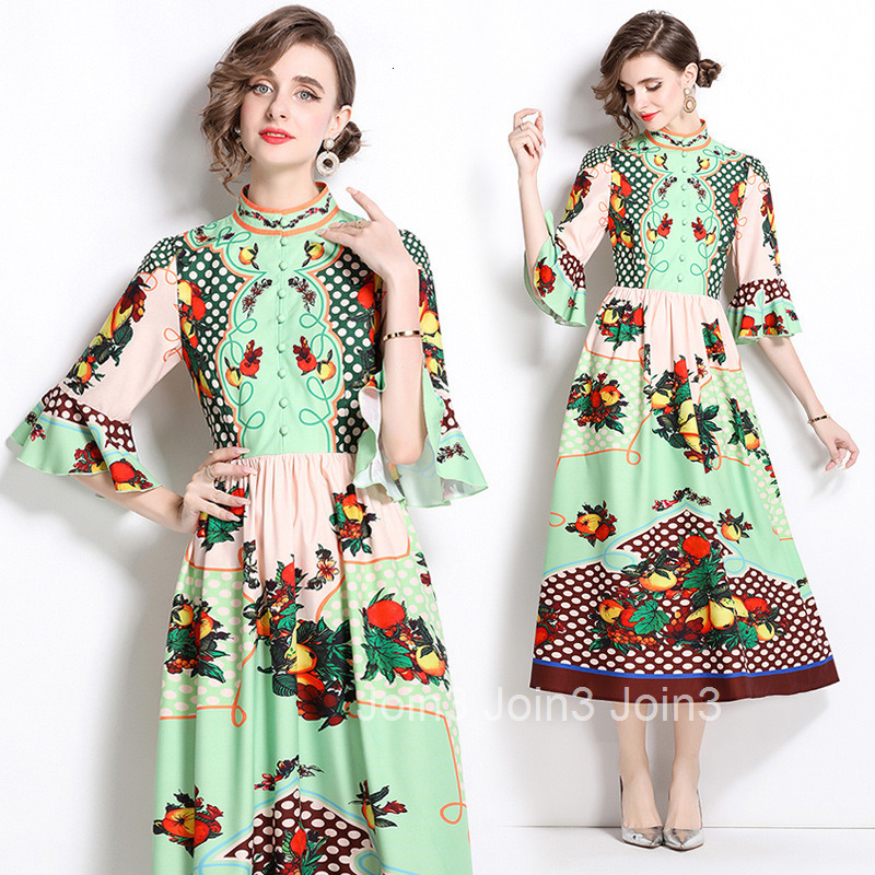 1062 Summer New Womens Fashion Elegant Flared Sleeve Fashion Print Beach Vacation Long Dress