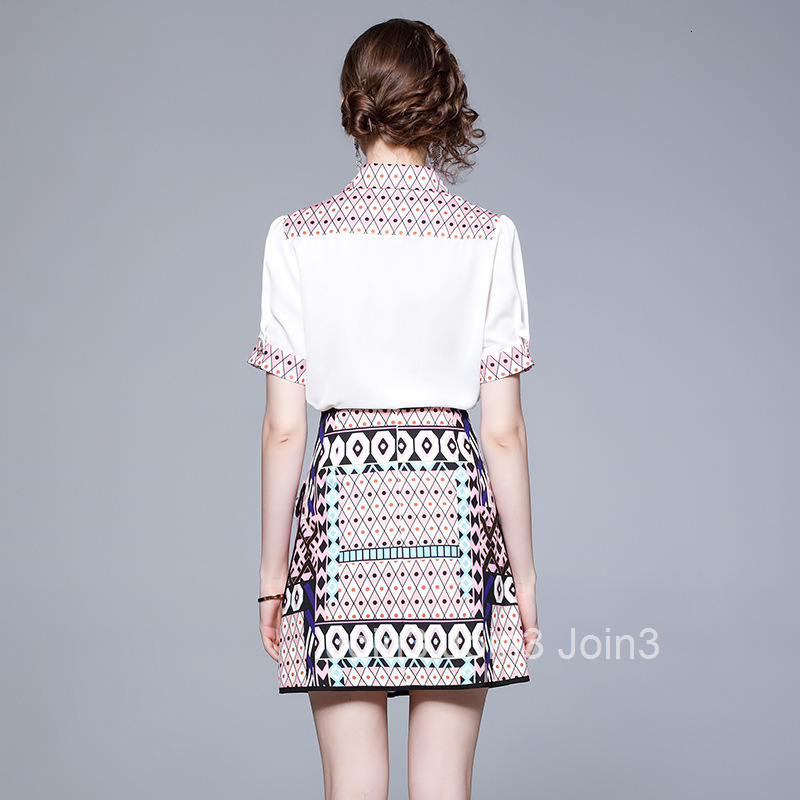 1315 Summer New Womens Fashion Elegant Turn-Down Collar Short Sleeve Shirt + High Waist Skirt Two-Piece Set