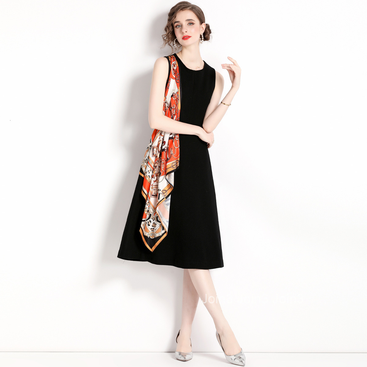1949 Summer New Womens Printed Patchwork High Waist Slim Sleeveless Dress A-line Midi Dress