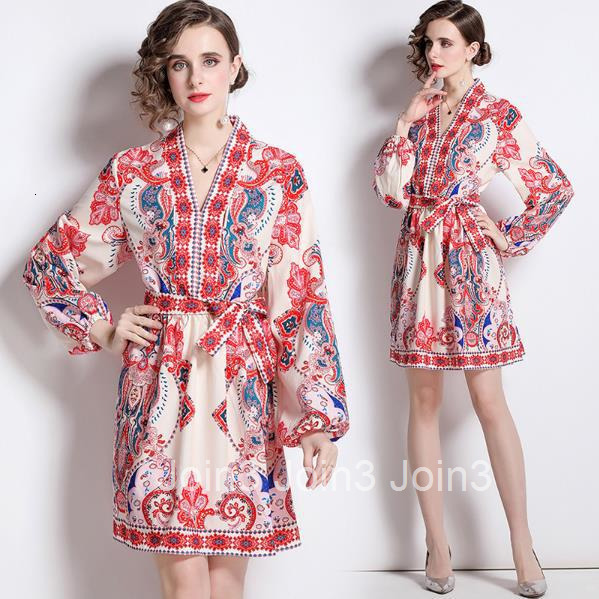 5602 Fashion Positioning Floral Slimming Elegant V-neck Belted Dress