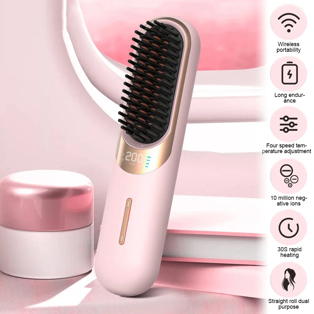 LED Electric Hair Brushes Cordless Hair Straightener Brush Portable Straightening Brush Negative Ions Comb USB Charge 250717