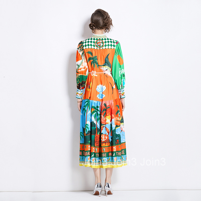 1209 Spring and Autumn New Cotton Linen Turn-Down Collar Lantern Sleeve Printed Long Dress