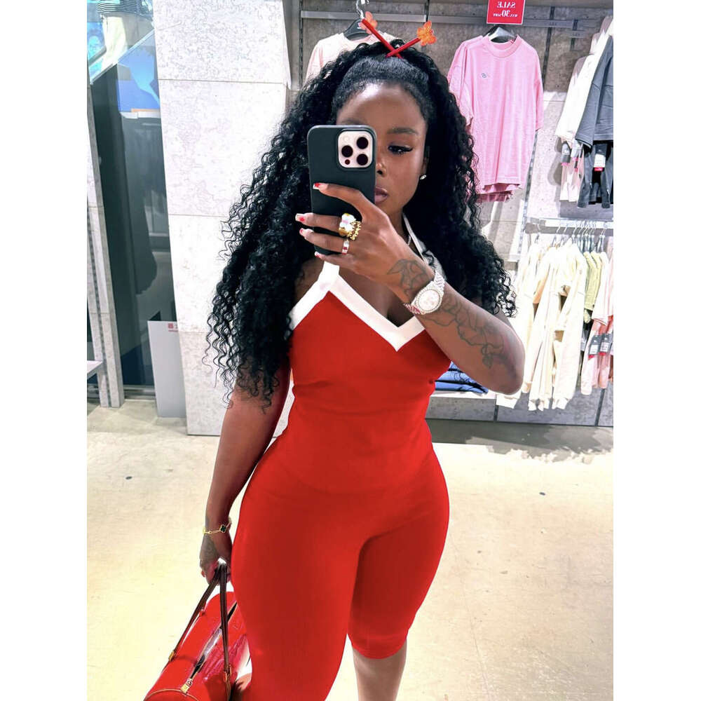 Summer Cross-Border European and American New Fashion Elastic Color-Block Halter Design Tank Top Tight Mid-Length Pants Set for Women