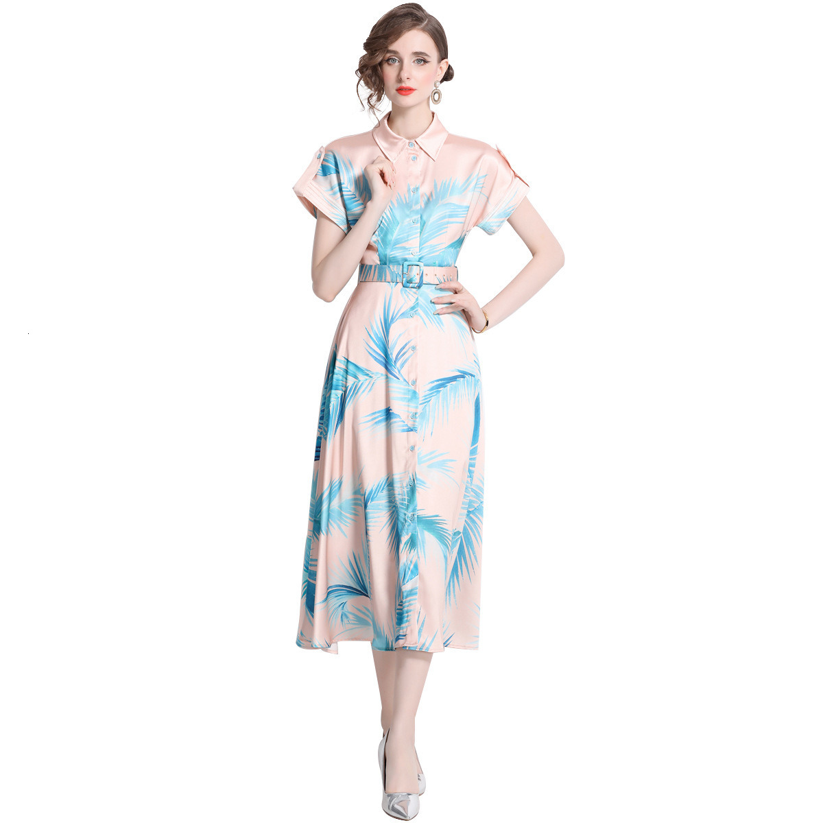 1661 Summer New Womens Printed Turn-Down Collar Short Sleeve Slim Long Dress with Belt