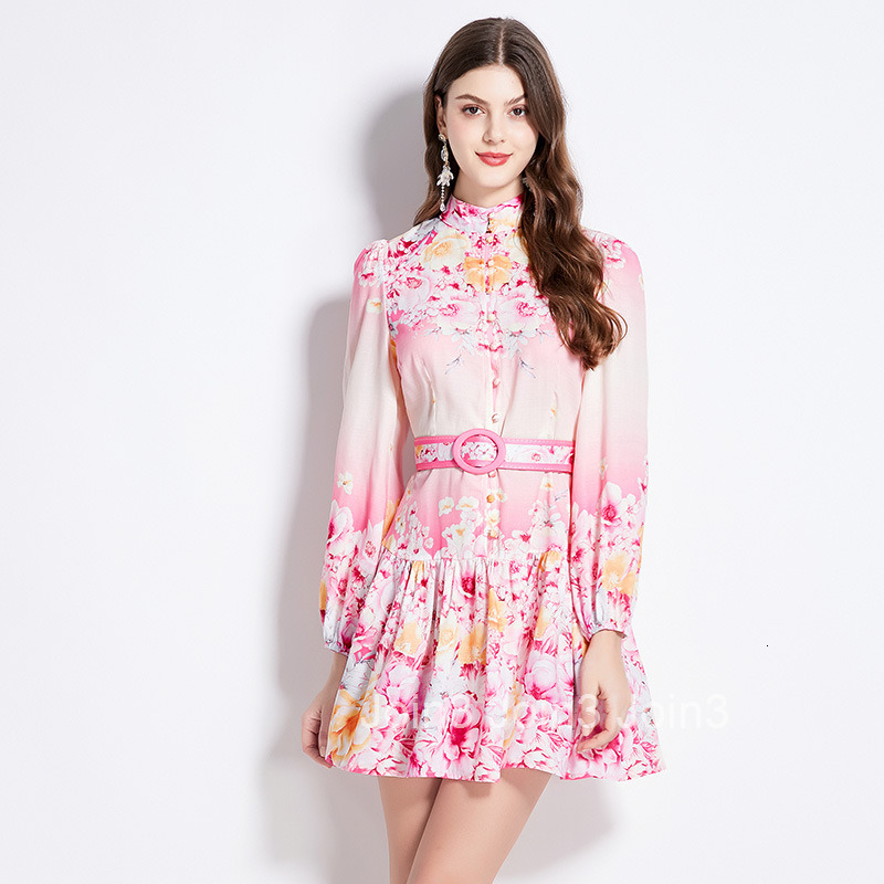 2762 Spring Summer New Womens Clothing Holiday Style Floral Oil Painting Style Stand Collar Long Sleeve Short Dress