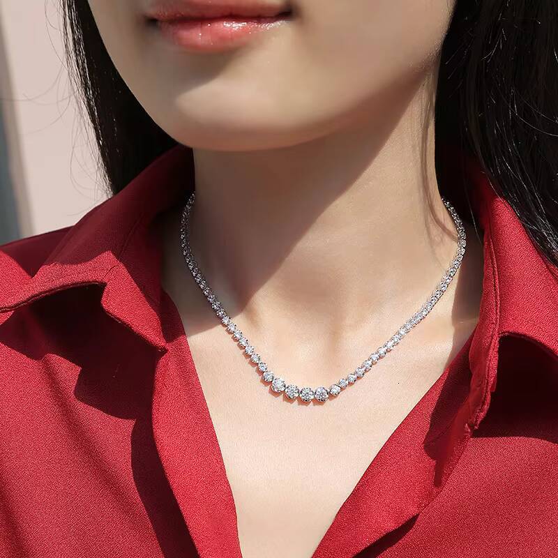 Customized Moissanite Necklace Luxurious 925 Sterling Sliver Gradual Change Size Moissanite Tennis Link Chain Necklace