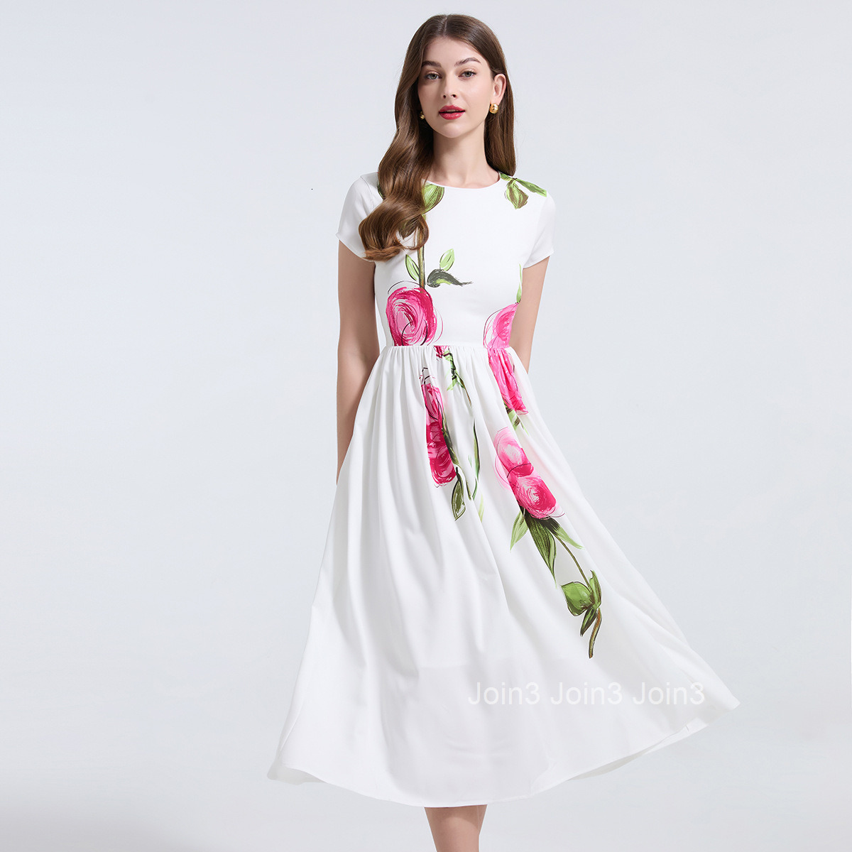 754 Pink Floral Waist-Cinching Slimming Flared Dress Elegant and Youthful Short Sleeve Dress