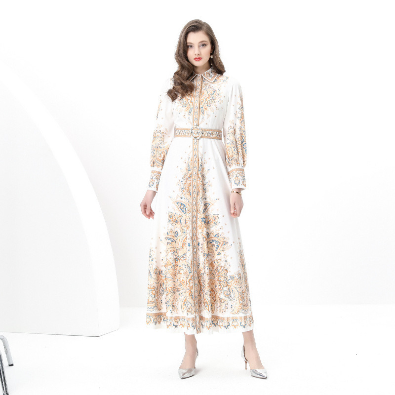 8855 Early Spring Elegance Style Turn-Down Collar Long Sleeve Waist-Cinching Wide Hem Printed Long Dress