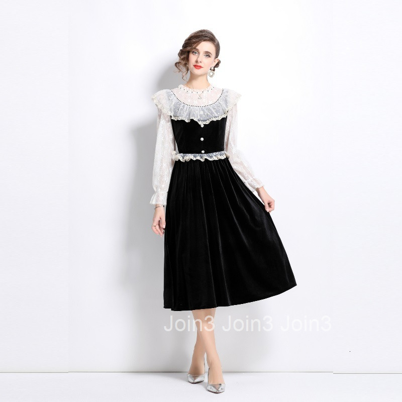 8039 Autumn/Winter New Womens Lace Edge Black Velvet Dress with Sweet Waist and Trumpet Sleeve Skirt