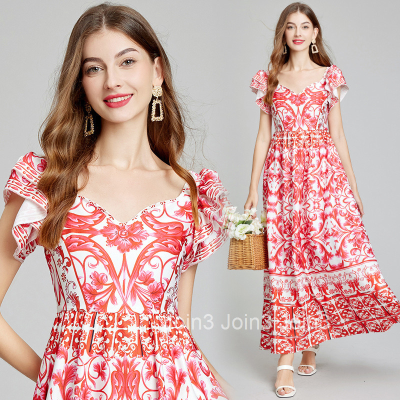 Summer New Arrival Positioning Printed V-Neck High Waist Flared Dress Slim A-Line Dress