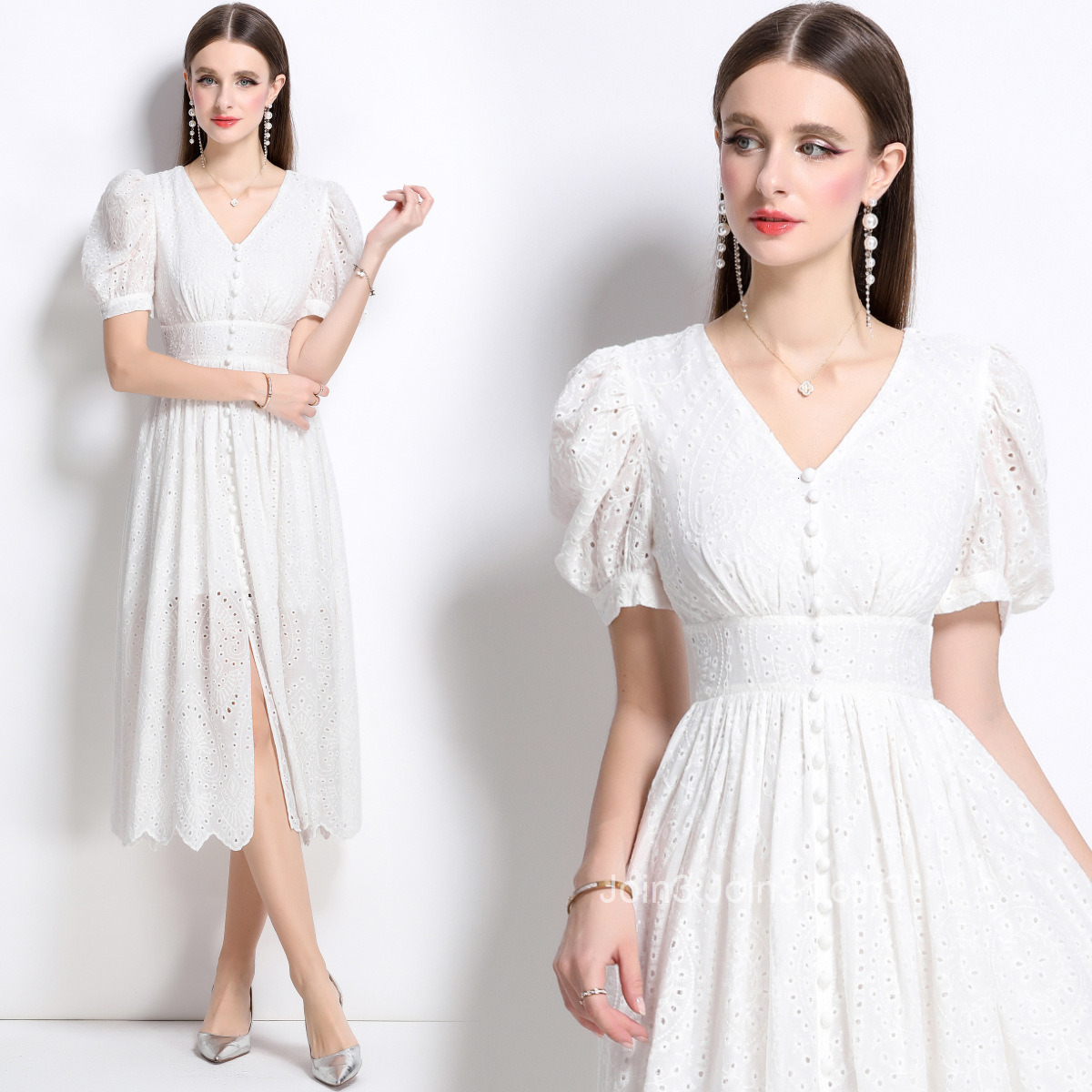 9607 French Collar Lantern Sleeve Dress for Women Single-Breasted Hollow Out Long Skirt