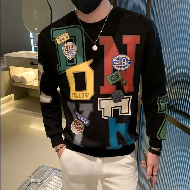 Fashion ONeck Loose Printed Letter Sweatshirts Mens Clothing 2025 Autumn Winter Oversized Korean Tops Casual 250714