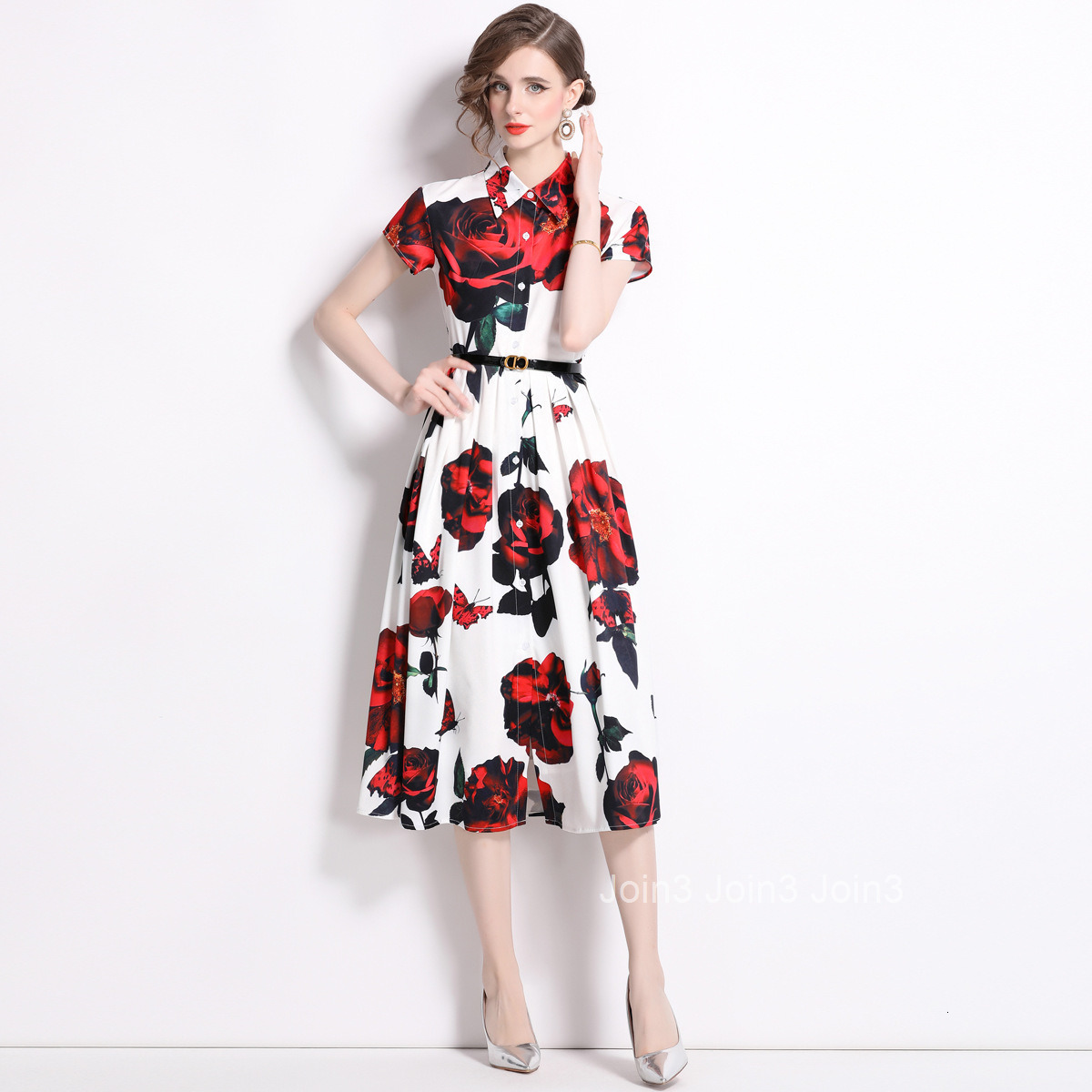 6861 Summer New Rose Print Mid-Length Dress Slim Fit Turn-Down Collar A-Line Dress Flared Dress (With Belt)