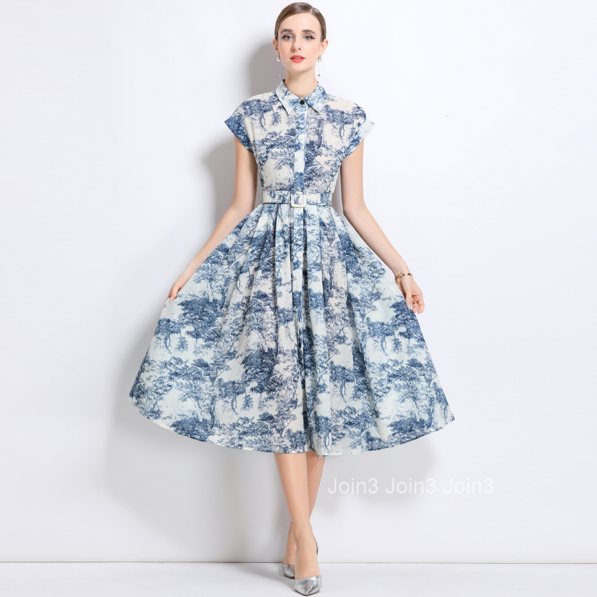 1701 Summer New Printed Short Sleeve Shirt with Belt Mid-Length Dress