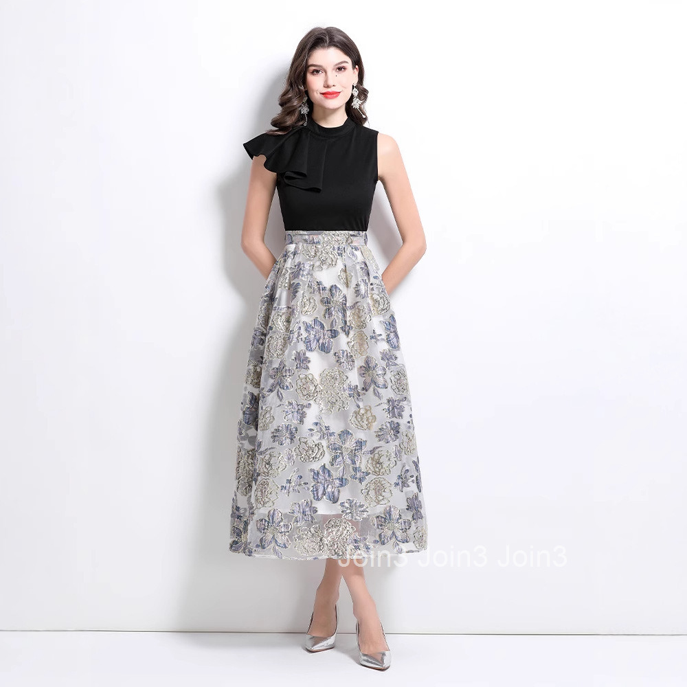 2653 Spring New Heavy Embroidered Jacquard Stand Collar Ruffle Dress Gown