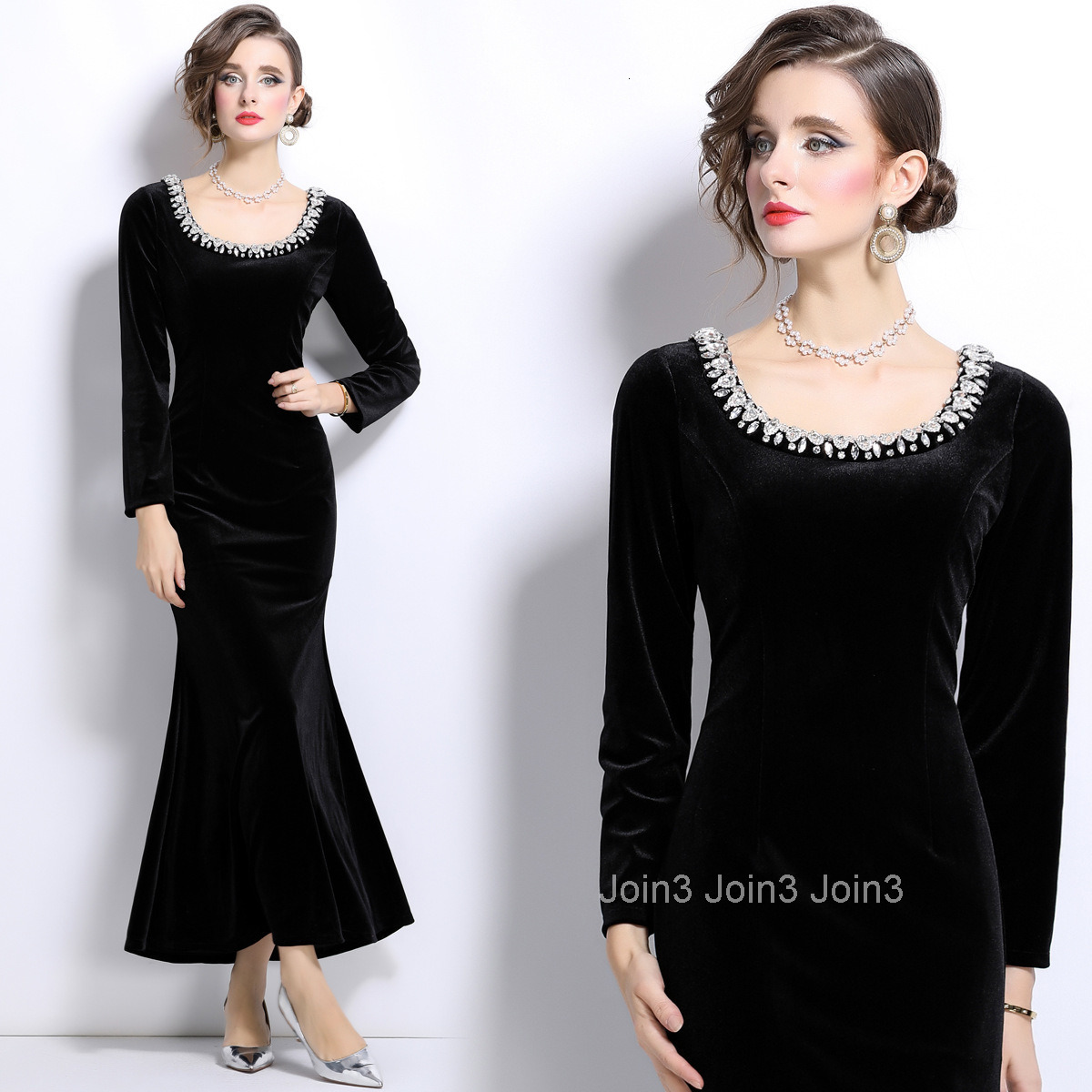 6993 Autumn New Womens Velvet Elegant Fishtail Dress Black Dress Slimming Long Sleeve Dress