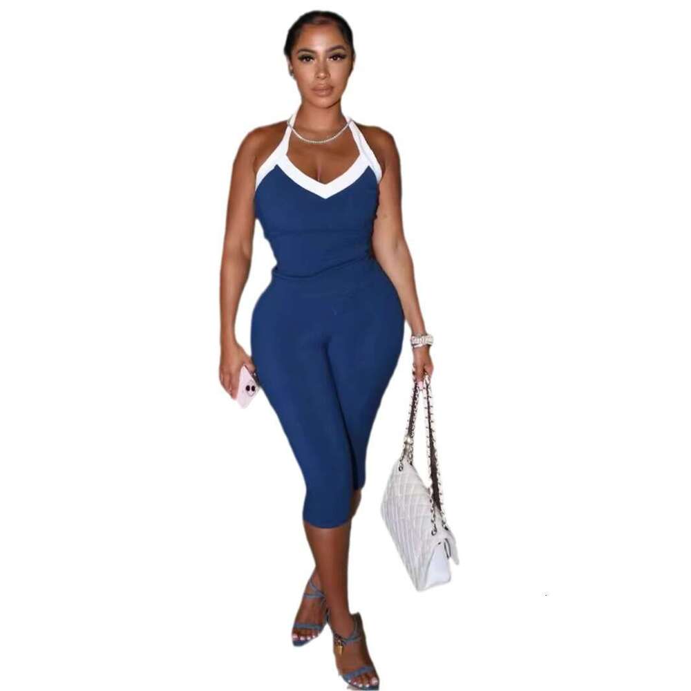 Summer Cross-Border European and American New Fashion Elastic Color-Block Halter Design Tank Top Tight Mid-Length Pants Set for Women