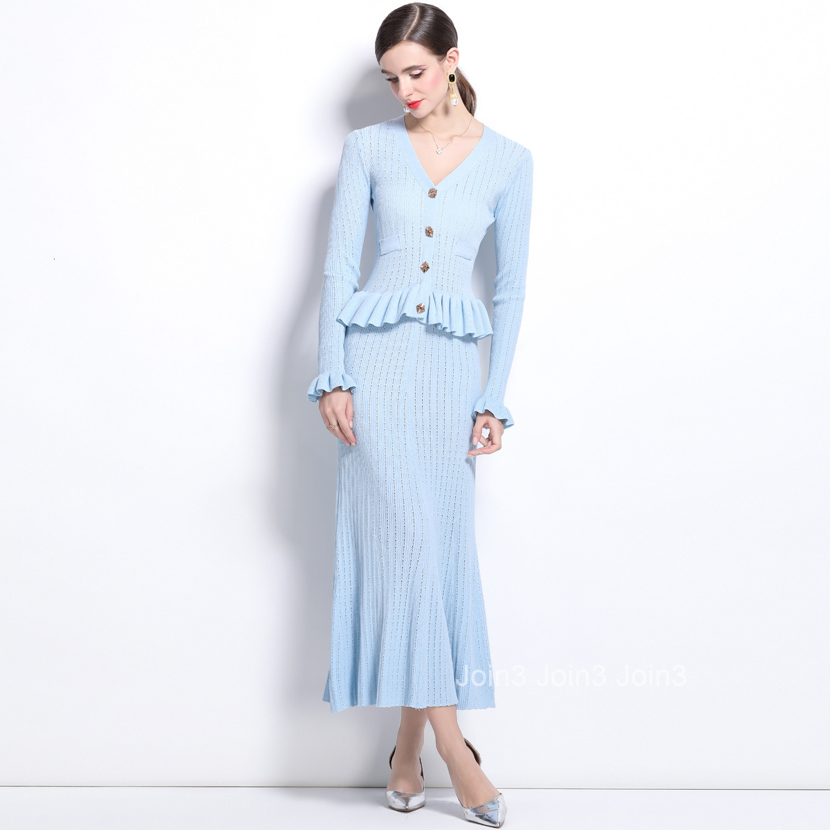 5846 Autumn New Womens Solid Color V-Neck Elegant Hollow Knitted Long Sleeve Dress Long Skirt