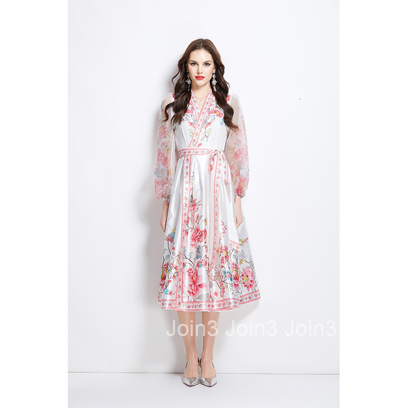 2724 Spring New Style Collar Ethnic Print Satin Wrap Long Dress