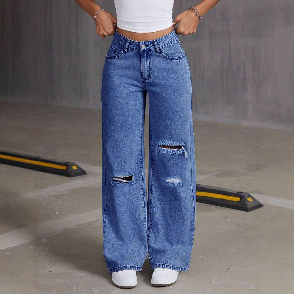 Commuting Style Wide-Leg Ripped Washed High-Waist Straight-Leg Jeans for Women